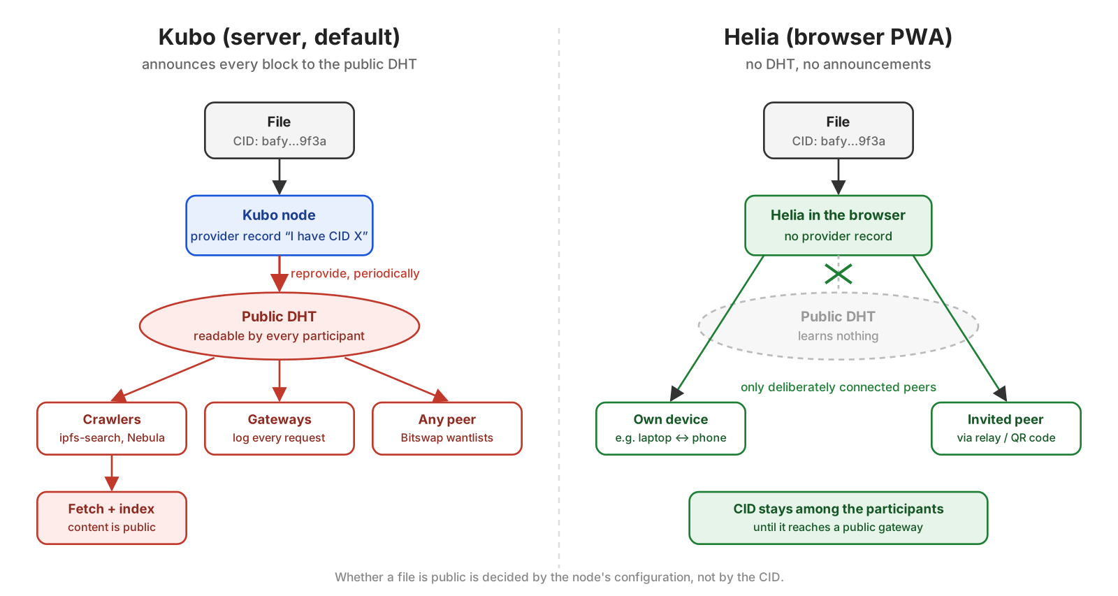 Kubo announces every block to the public DHT, where crawlers, gateways and any peer can find it; Helia in the browser announces nothing and talks only to deliberately connected peers